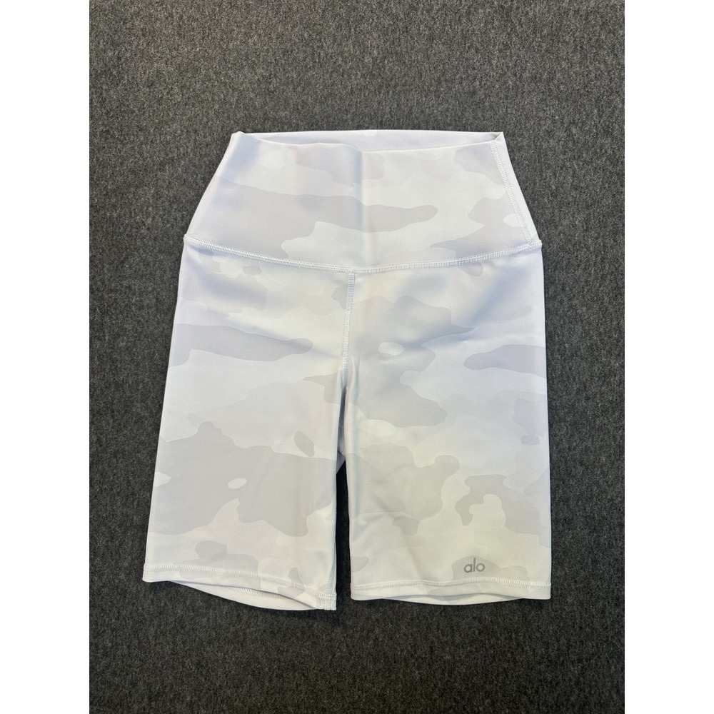 Alo Yoga High-Waist Vapor Biker Shorts White Gray Camo Print Medium Gym Athletic - Picture 14 of 15